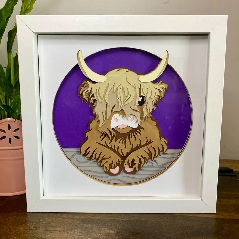 3D Purple Highland Cow On Log Shadowbox